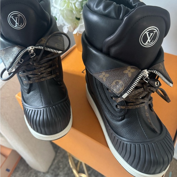 Louis Vuitton Shoes - Louis Vuitton Black Leather High-Top Winter Boots with Monogram Accents